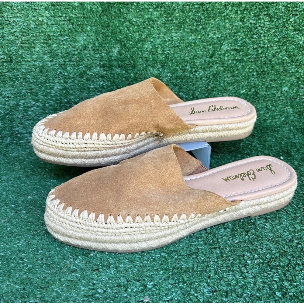 Sam Edelman Austin Tan Suede Espadrille Mules Whipstitch Platform Slides Size 7M
